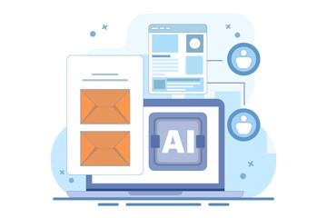 Email automation concept, AI based email campaign, Businesses use email automation to schedule and trigger customer messages to audiences. Flat vector illustration on background.