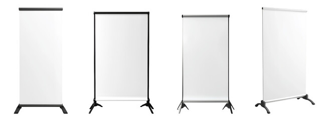 The image shows four blank retractable banner stands with different colored frames ready for design.