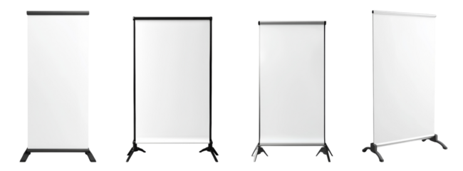 The image shows four blank retractable banner stands with different colored frames ready for design.