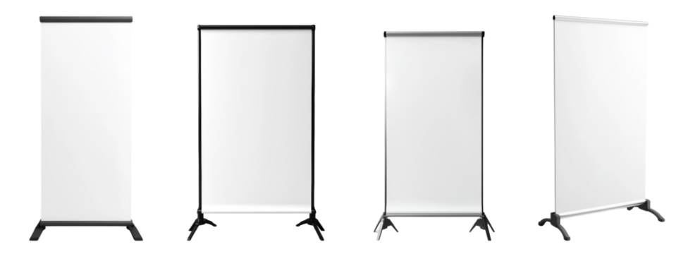 The image shows four blank retractable banner stands with different colored frames ready for design.