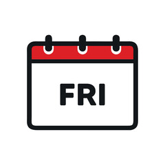 Calendar icon, Friday abbreviation, red and white design, minimalist graphics, bold typography, flat illustration style, daily planner symbol, weekend anticipation