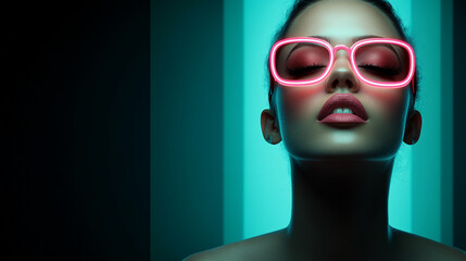 Fashionable model poses with neon sunglasses in studio