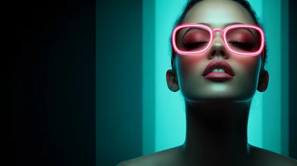 Fashionable model poses with neon sunglasses in studio © Bohdan
