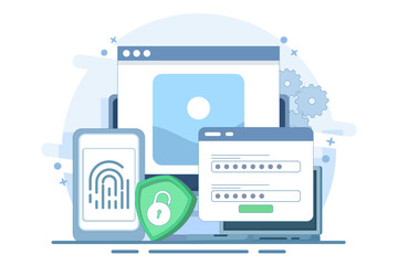 Flat general data security concept, personal information protection, database access control, cyber privacy, synchronized gadgets, cross-platform device regulation. Flat vector illustration.