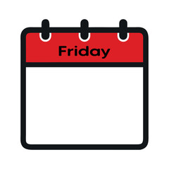 calendar icon, Friday highlighted, red and black design, minimalist illustration, flat graphic, daily planner, week organizer, vector art, clean lines, stark contrast, simple shape, hanging calendar