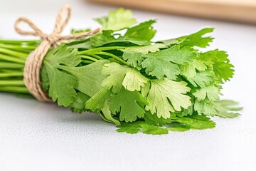 Fototapeta premium Fresh Green Coriander Leaves Bundle on Light Background