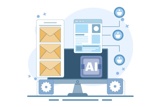 Email automation concept, AI based email campaign, Businesses use email automation to schedule and trigger customer messages to audiences. Flat vector illustration on background.