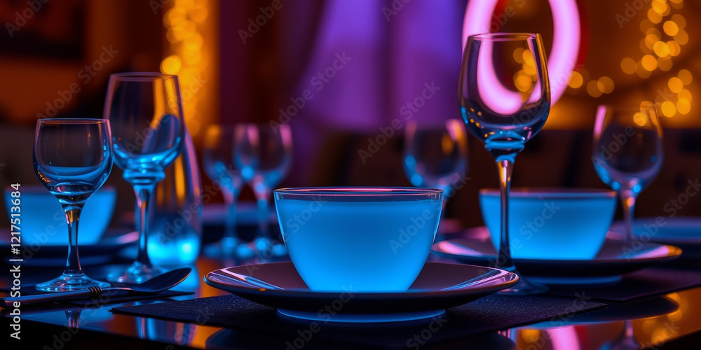 Poster a table with a blue lighted table setting. the table is set for a dinner party. there are several gl