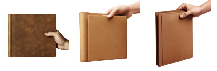 The image shows three different types of leather-bound books or folders being held by hands against a black background.