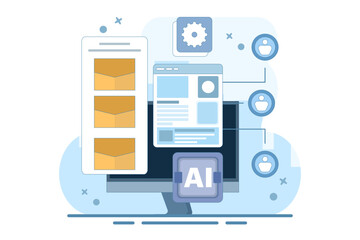 Email automation concept, AI based email campaign, Businesses use email automation to schedule and trigger customer messages to audiences. Flat vector illustration on background.