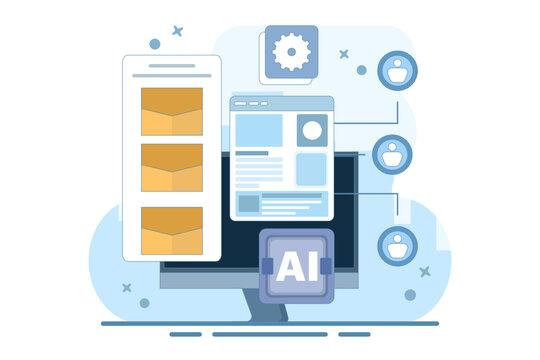 Email automation concept, AI based email campaign, Businesses use email automation to schedule and trigger customer messages to audiences. Flat vector illustration on background.