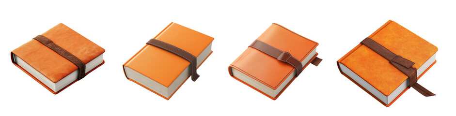 Four orange leather-bound books with brown straps are shown from different angles against a black background.