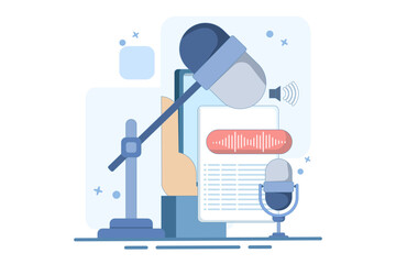 speech to text concept. Speech recognition, speech scanning, voice to text, speech recognition service. User recognizes voice and translates to text with speaker. Flat Vector Illustration.