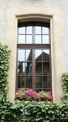Ivy-covered building, window box flowers, arched window reflection.  Architectural design, home decor