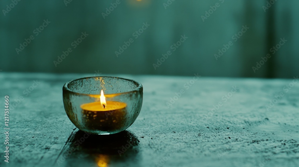 Aufkleber peaceful glow of a candle in a glass holder reflecting on a wet surface with soft lighting creating 