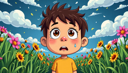 Surprised boy with a tear in a flower field under a cloudy sky