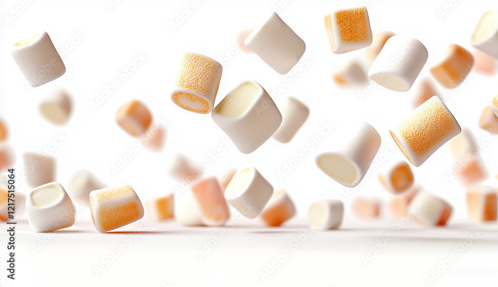 Poster floating marshmallows create whimsical scene, showcasing their soft texture and playful colors again