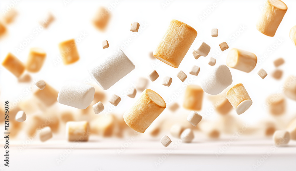 Poster floating marshmallows in various shapes and sizes create whimsical scene against white background, e