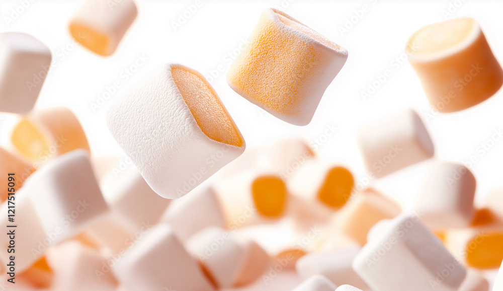 Poster floating marshmallows in various colors create whimsical and playful scene, evoking sense of joy and