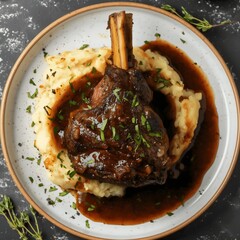 Delicious Braised Lamb Shank: A succulent braised lamb shank, rich in flavor and tender to the bone, is served atop creamy mashed potatoes with a rich, dark gravy.  Garnished with fresh herbs.