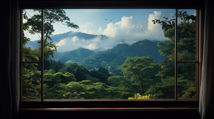 Serene Mountain View Through a Window