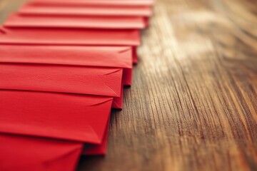 Red Envelopes Stacked on a Wooden Surface, Perfect for Holiday Greetings, Invitations, and Special Occasions in a Rustic Setting