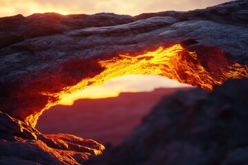 Fototapeta premium Sunset illuminates a fiery orange archway carved into a dark rock formation, creating a breathtaking natural spectacle.