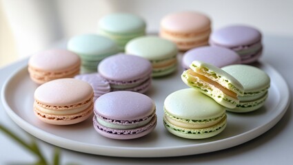 Fototapeta premium Colorful Macarons – Delicate French Pastries with Pastel Tones and Gourmet Presentation