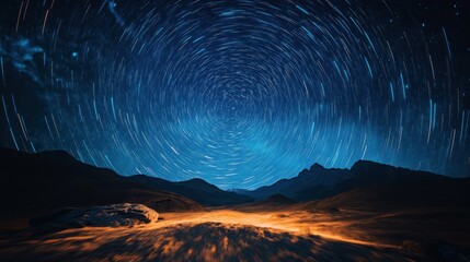 Fototapeta premium Star trails over a mountain landscape with glowing ground illumination
