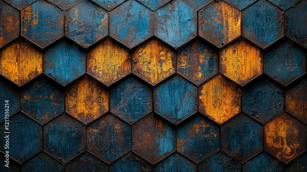 Aufkleber abstract hexagonal pattern blue gold rustic texture