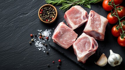 Four raw pork chops seasoned with salt and pepper, garnished with rosemary, cherry tomatoes and garlic, resting on a black slate cutting board atop a dark background, ready for cooking