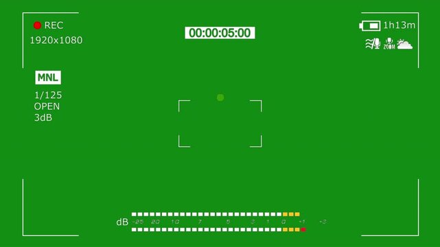 Camcorder viewfinder with green screen. Recording concept with timecode. Camera recording screen overlay