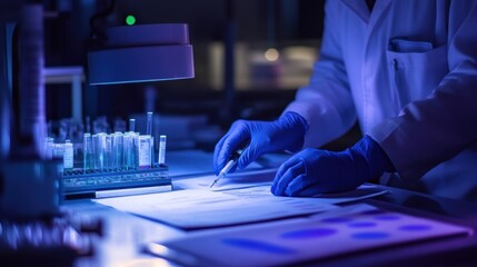 An edgelit workbench where a worker utilizes a quality assurance tool surrounded by detailed documentation and samples being tested.