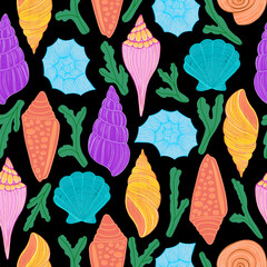 Seamless seashell pattern.Vibrant ocean shells in bright colors. Underwater themed background. Perfect for textiles, wallpapers, wrapping, packaging, stationary, decorations, crafts, fabrics.