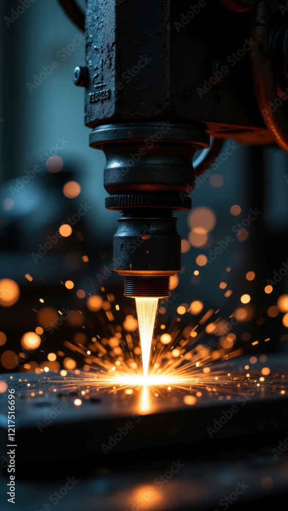 Poster high-definition image showcasing a metalworking process with sparks flying from the machine's cuttin