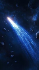 Naklejka premium Bright comet streaking through asteroid belt in deep space