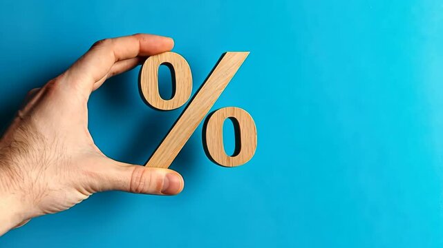 Wood percentage sign in a human hand. Blue studio background, copy space. Symbol percent. Seasonal sale, discount. Rate for finance, return. Investment ROI, credit, mortgage, tax, marketing, promotion