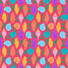 Seamless seashell pattern.Vibrant ocean shells in bright colors. Underwater themed background. Perfect for textiles, wallpapers, wrapping, packaging, stationary, decorations, crafts, fabrics.