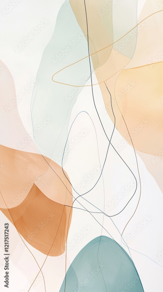 Poster pastel-colored abstract shapes blending seamlessly with delicate, flowing lines create a harmonious 