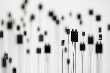 Abstract art installation featuring numerous small black square objects suspended from thin wires...