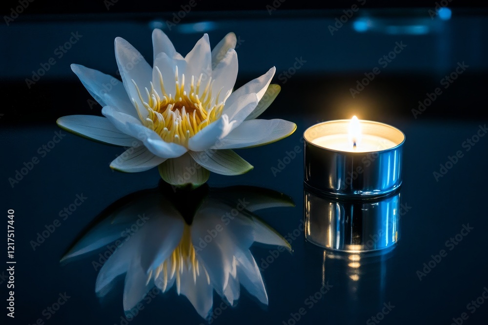 Poster serene reflection of a white water lily and a candle on a dark surface creating a calm and tranquil 