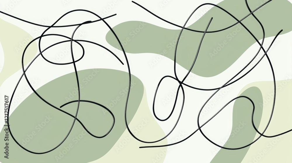 Poster continuous black lines intertwining over a backdrop of soft sage green and cream organic shapes crea