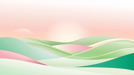 Gentle, rolling hills bathed in pastel shades of pink and green stretch out beneath a soft, glowing sunrise, creating a serene and dreamy landscape