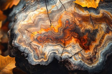 Obraz premium A mesmerizing cross-section of a tree trunk, showcasing vibrant autumnal colors and intricate wood grain patterns.