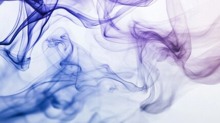 Colorful smoke swirling and mixing on a white background creates captivating abstract patterns. Vibrant hues of purple and blue dance together in a mesmerizing display of fluid movement