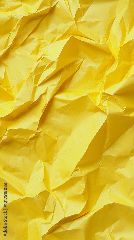 Poster close-up view of vibrant yellow paper, crumpled and creased, creating an abstract textured backgroun