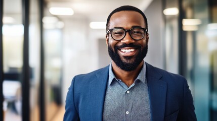 Naklejka premium Confident businessman in formal attire smiling in a modern office environment with natural light and sleek design, showcasing professionalism and approachability.