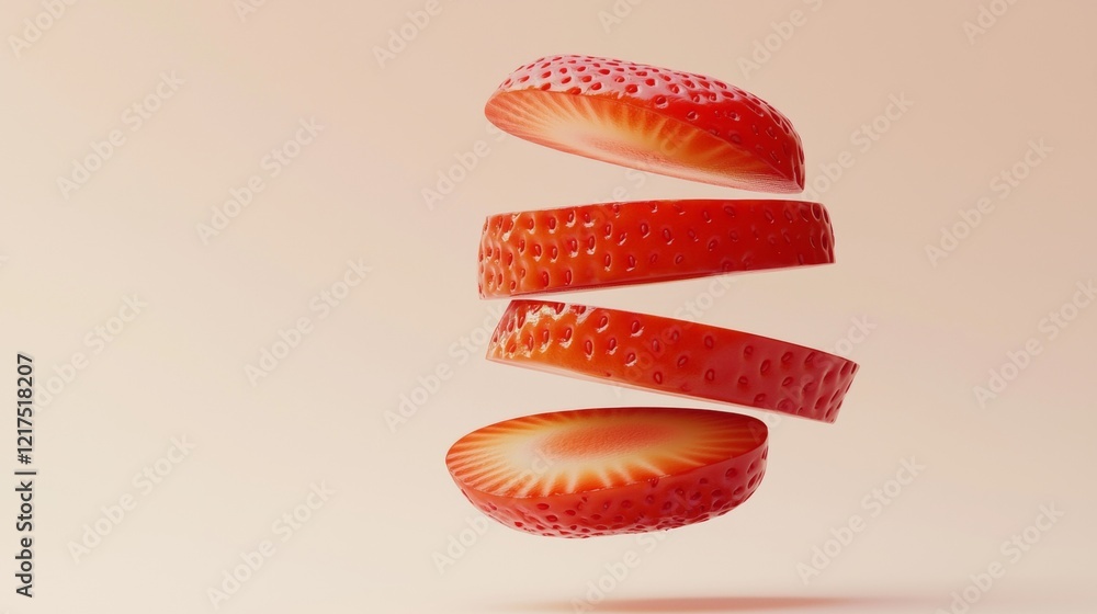 Poster four slices of a ripe, juicy strawberry hover in mid-air against a soft pastel backdrop, creating a 