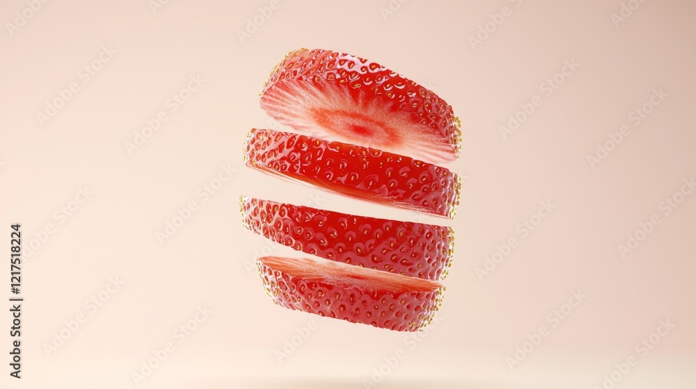 Poster four slices of fresh, ripe strawberry are levitating against a soft pink backdrop, creating a visual