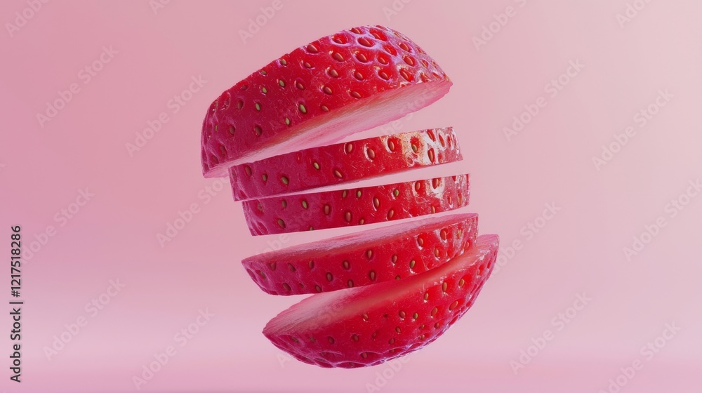 Aufkleber sliced strawberry hovering against a pink background creates a visually striking minimalist composit